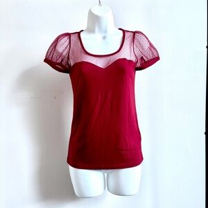Burgundy (Dark Red) Pola Dot Sheer Puff Sleeve Top